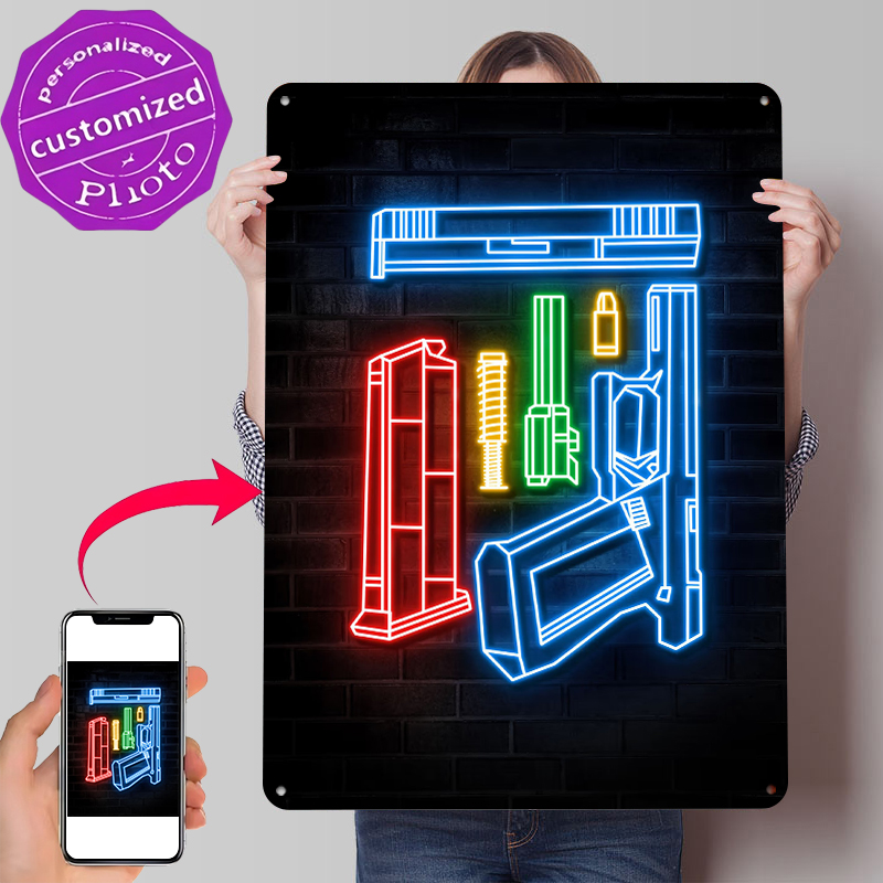 Retro Gaming Bar - HANDGUN NEON ART Metal Poster Wall