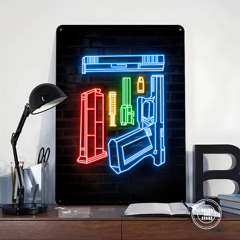 HANDGUN NEON ART Metal Poster  – Retro Gaming Bar Bewertung und Preis