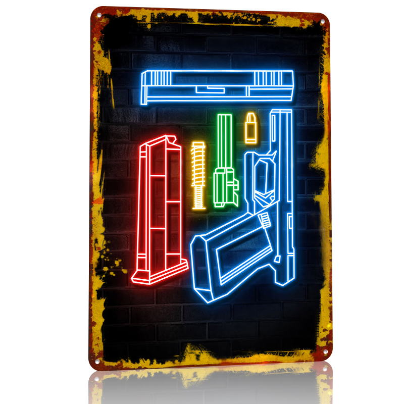 HANDGUN NEON ART Metal Poster  – Retro Gaming Bar Bewertung und Preis