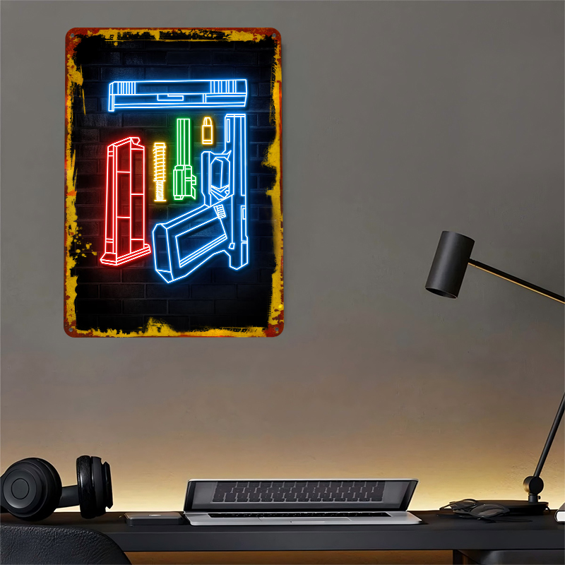 HANDGUN NEON ART Metal Poster  – Retro Gaming Bar Bewertung und Preis